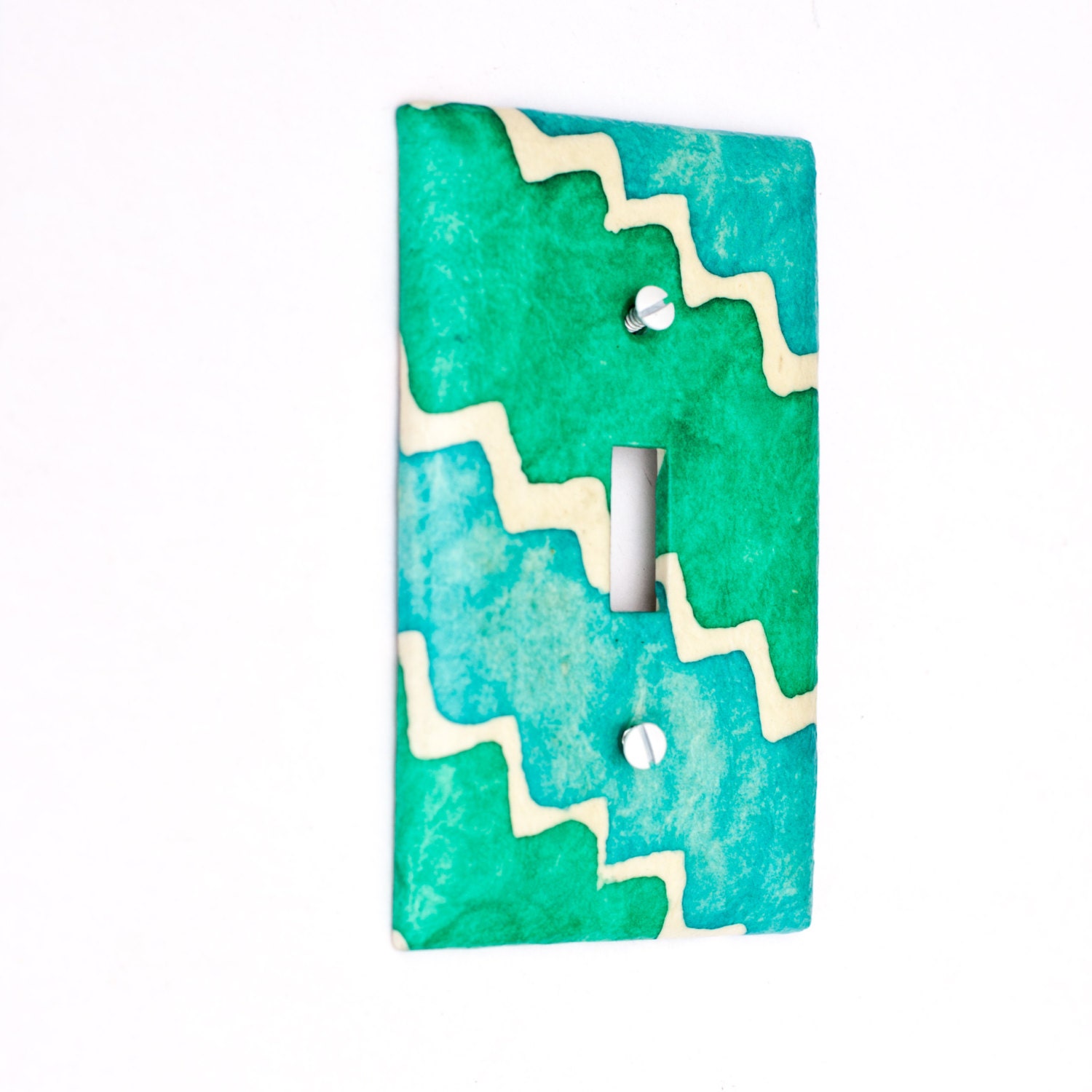 Switchplate Handmade Paper Blue Green Zig Zag Batik