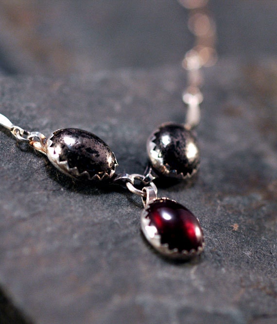 Ternion Gemstone Crescent Bar Necklace - pyrite and garnet - sterling silver