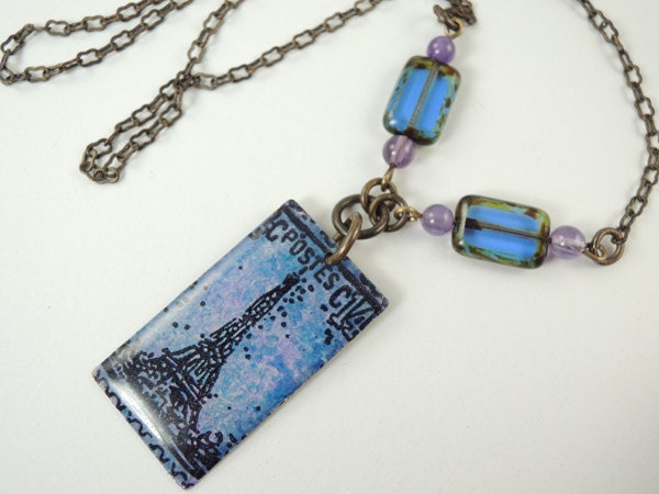 Paris Eiffel Tower hand painted and stamped pendant on brass chain necklace