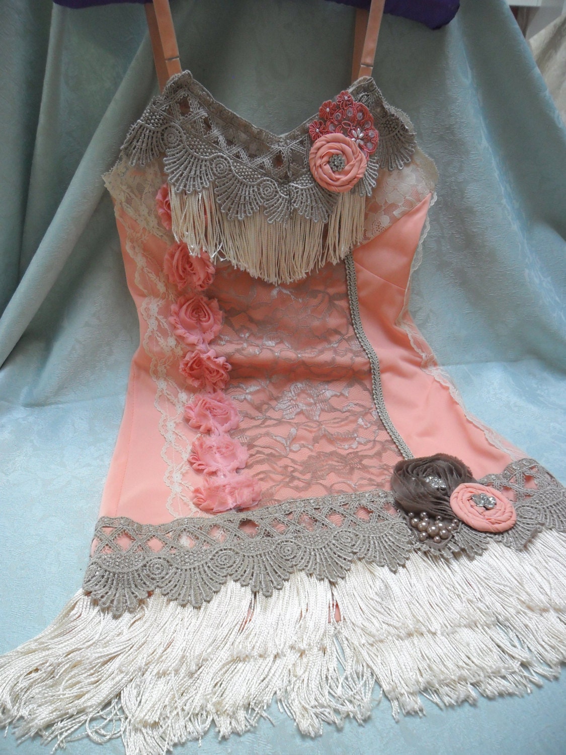 FLAPPER Great Gatsby 1920s Speakeasy Jazz Age Roaring 20s - Vintage Slip Make Over -  Coral and Taupe