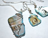 Beach Earrings and Necklace Set-Wire wrapped turquoise blue shell earrings and pendant -Wire Swirl Jewelry -Beach jewelry-Pastel Earrings