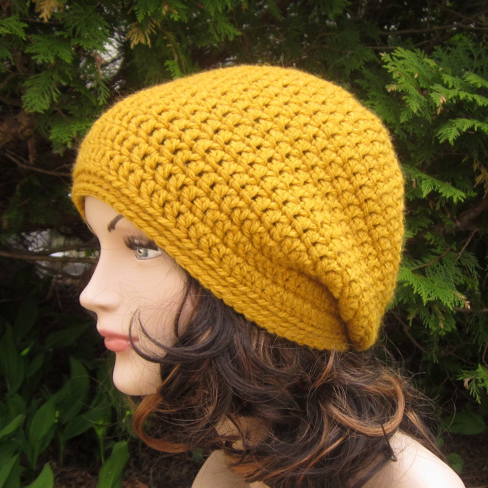 Mustard Yellow Slouch Beanie - Womens Slouchy Crochet Hat - Oversized Cap - Chunky Hat