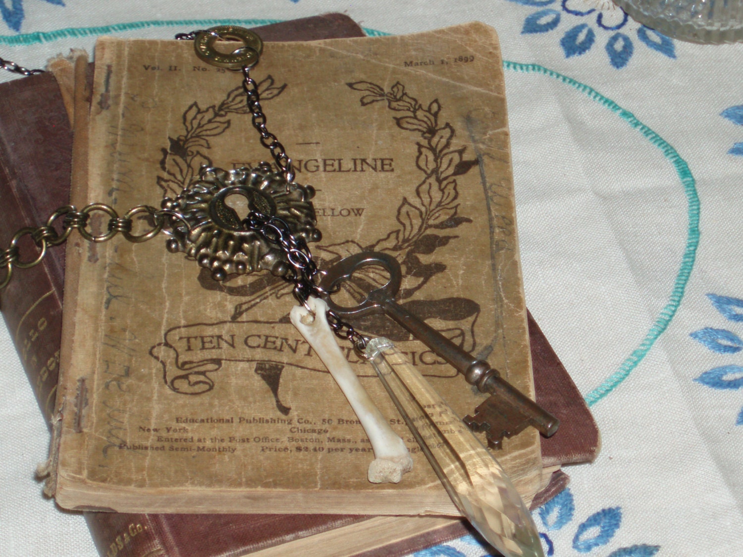 Antique keyhole cover skeleton key bone crystal necklace steampunk crust punk goth