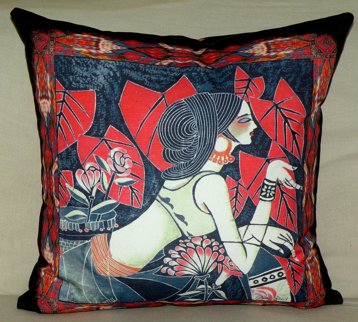 Designer Pillow Cover - "Flower Dancer red" Fiber Art - Ikat - suzani - Designer - Hand Made - Fits 18x18 Insert - original design