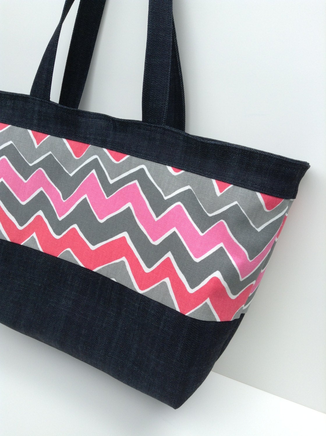 Pink, Red, Grey Chevron & Denim Tote