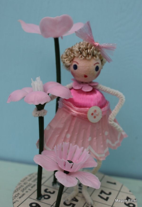Vintage Style Spun Cottton Head - Pink Spring Gal With Flowers