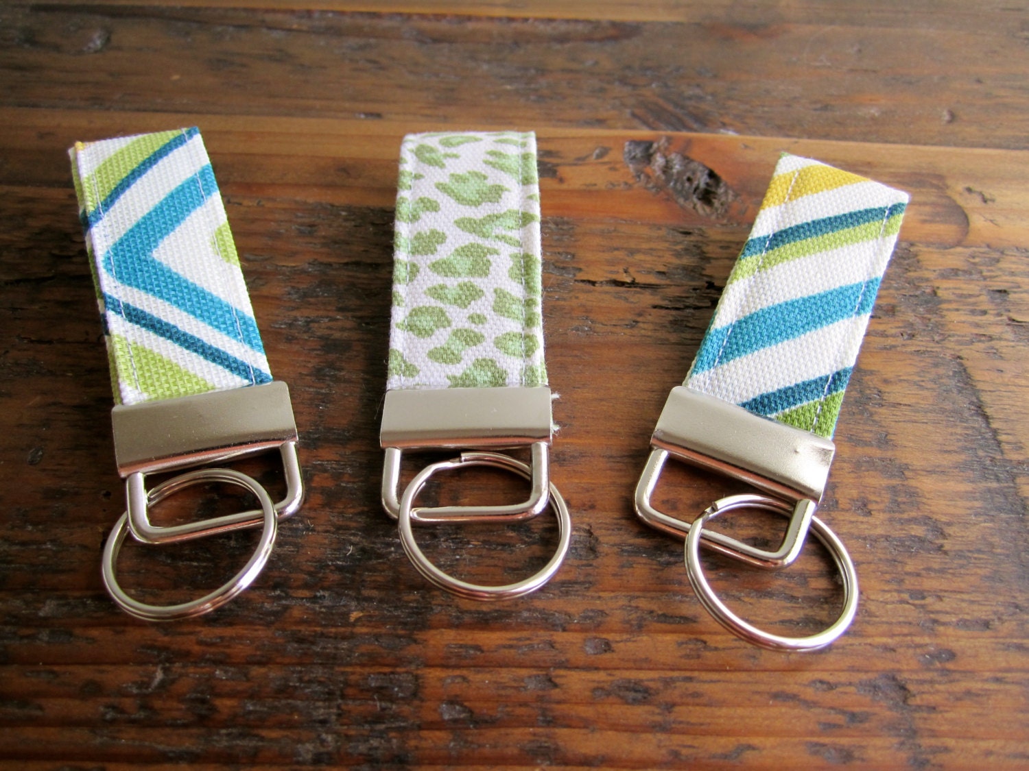 Fabric Keychain- Set of 3 in Green Chevrons.