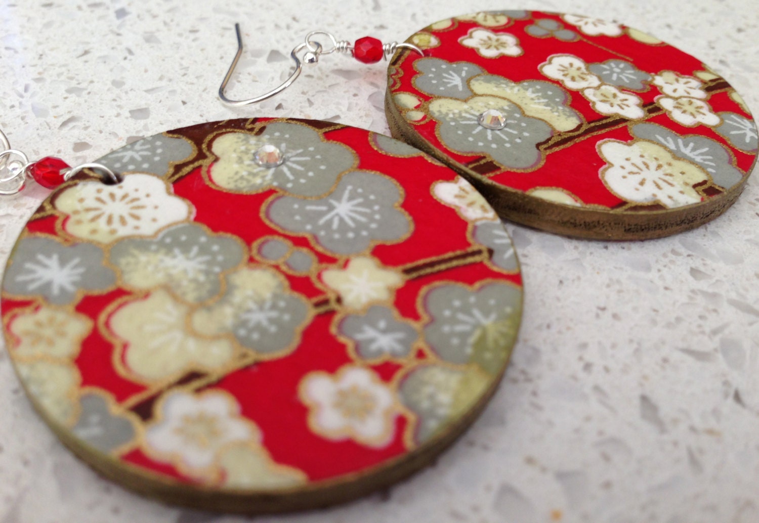 Plum Blossom Decoupage Earrings - Red and Grey