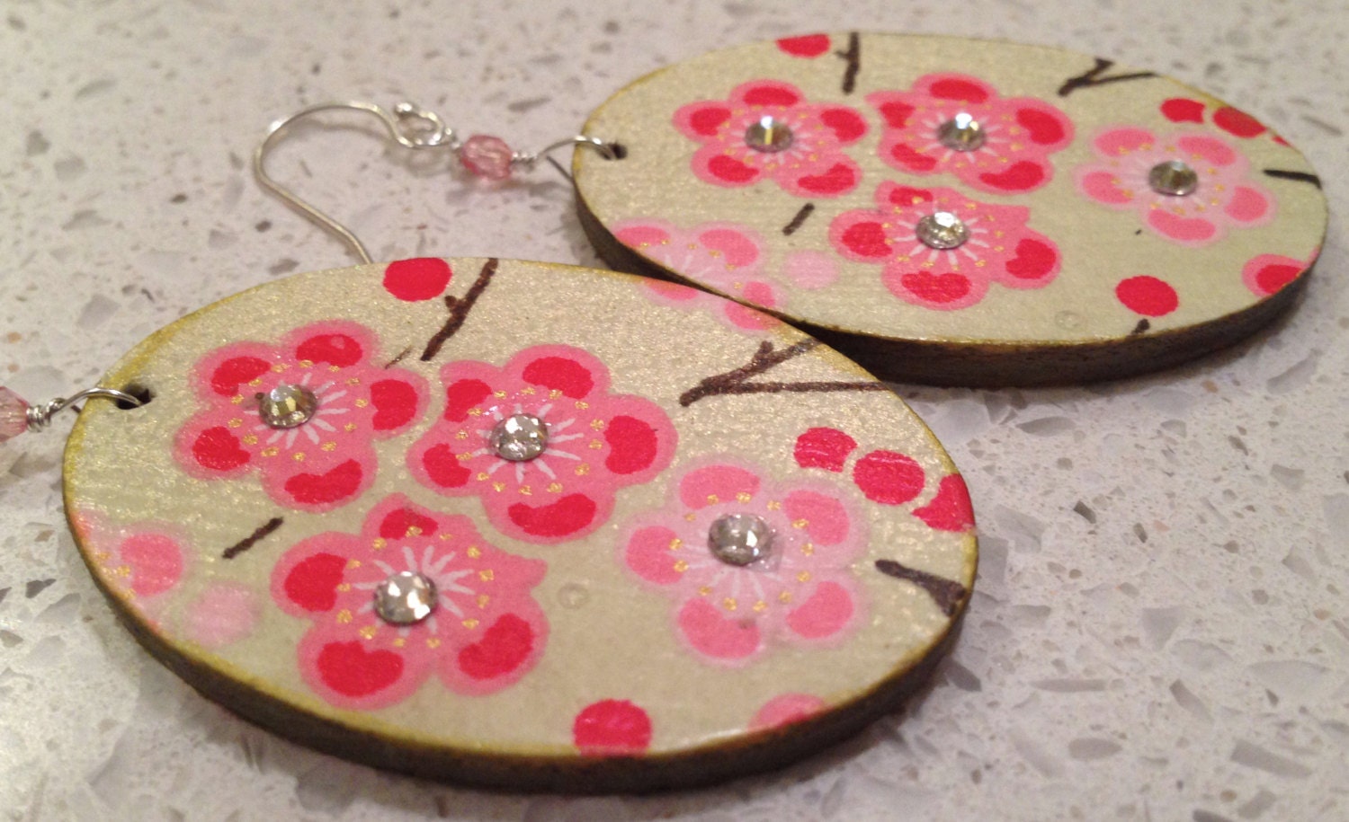 Retro Plum Blossom Decoupage Earrings - Pink and Red