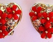 Vintage Red Heart Rhinestone Gold Clipon Earrings