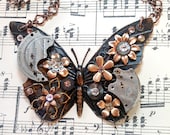 Steampunk Butterfly Necklace - Antiqued Steampunk Butterfly with Rose Gold Flowers and Silver Gears