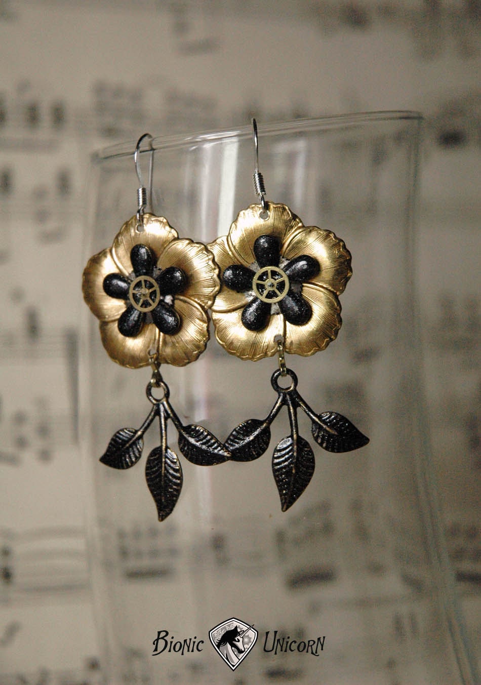 Metaforest Steampunk Earrings - Black and Gold Baroque Flowers with Steampunk Gears and Black Leaves