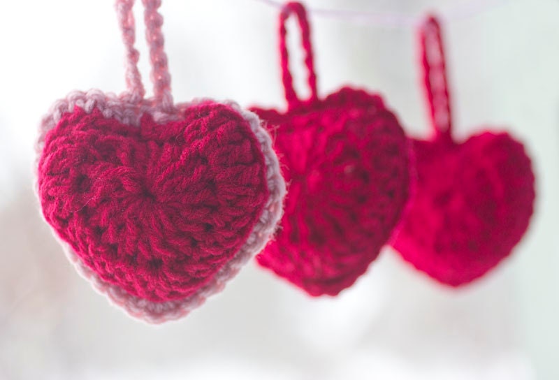 Three Lavender Stuffed Valentine Heart Sachets, Hand Crocheted Red and Pink Hearts