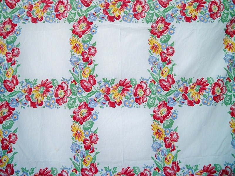 Vintage 1950s Pennicraft Daisy Iris Tulip Rose Tablecloth
