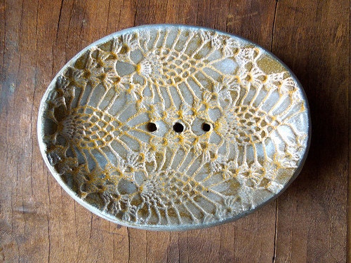 Rustic Soap Dish with Feet Oval Yellow Tan Doily Pattern-In Stock Ready to Ship