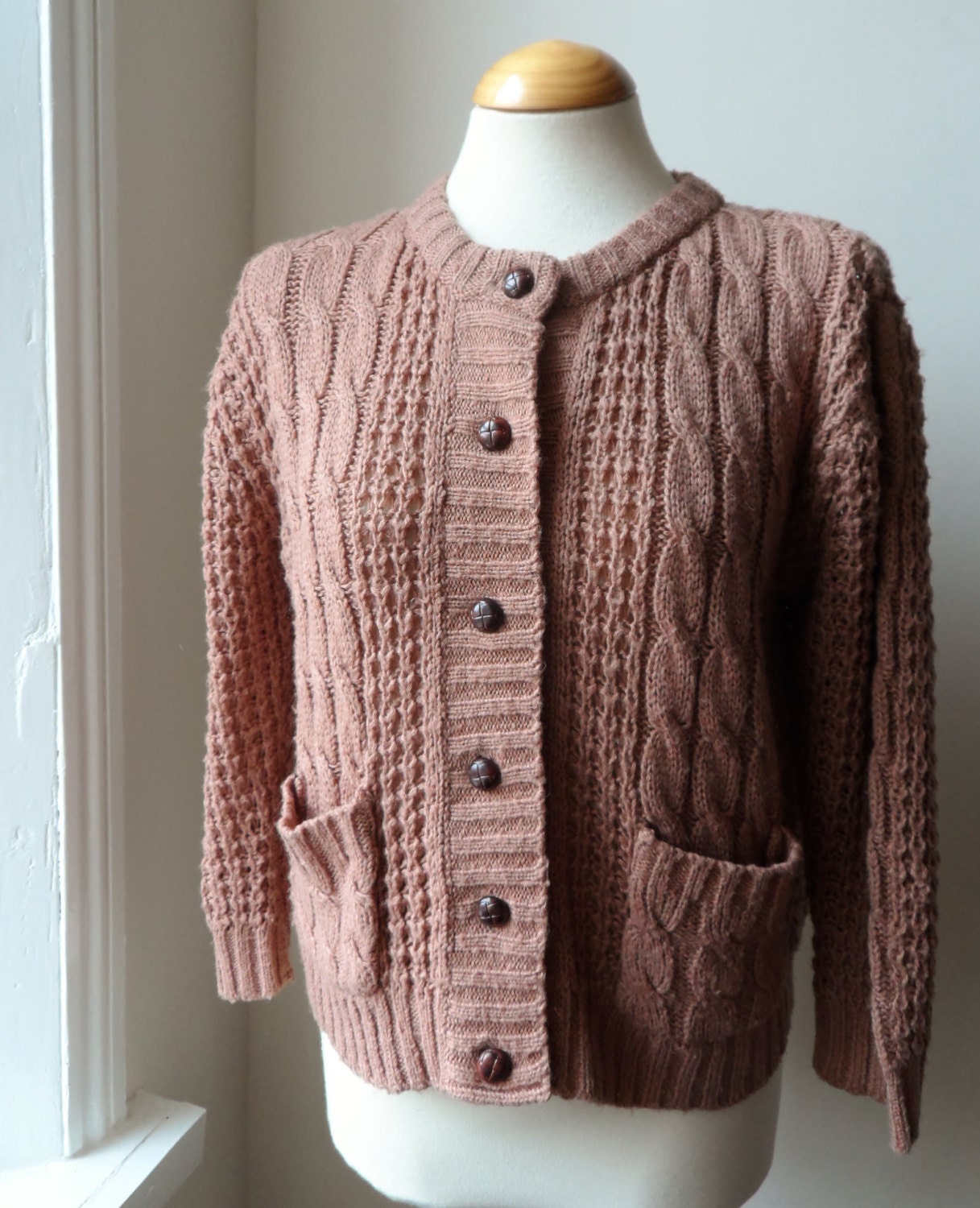 Vintage Dusky Rose Pink Cable Knit Cardigan / Retro / Size S to M