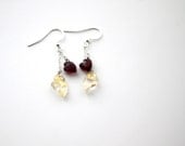 Valentine Hearts Dangle earrings with Garnets and Crystal Quartz with Gold Leaf, Valentine's Day, Valentines Day, Ships Immediately from US