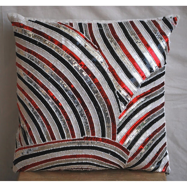 Decorative Throw Pillow Covers Couch Pillow 16 Inches Silk Pillow Accent Pillow Sequins Beads Embroidered Red N Black Streaks Home Living