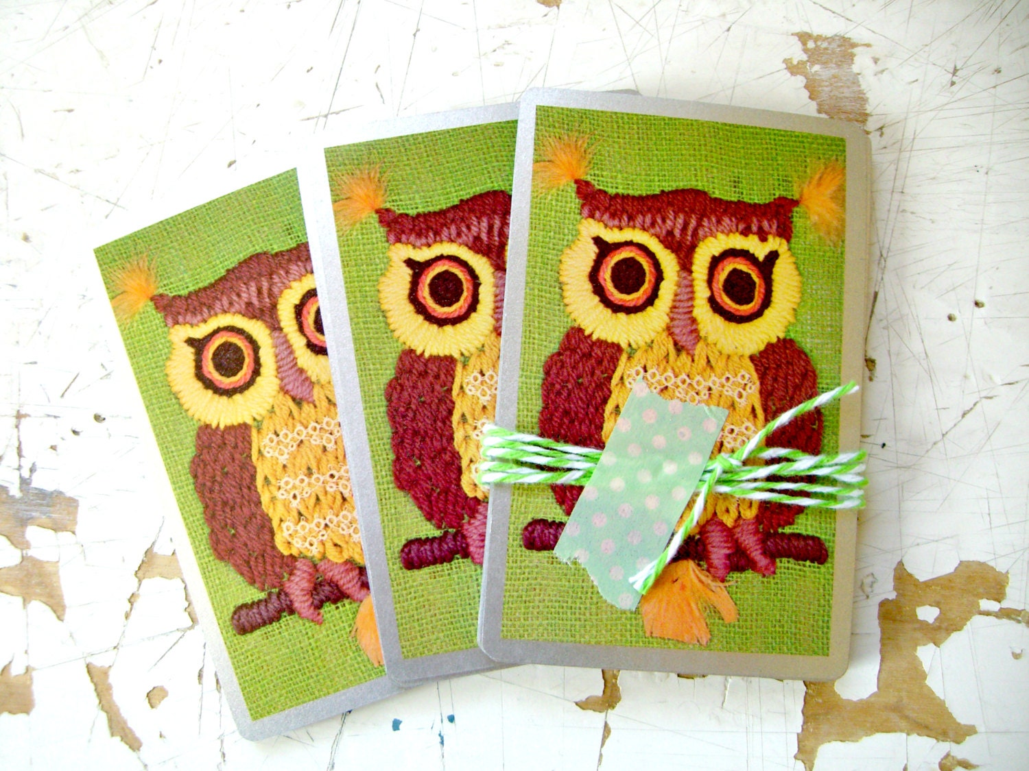 Vintage OWL Playing Cards, Embroidered GReen and YeLLow OwLs, A Set of 6 Cards