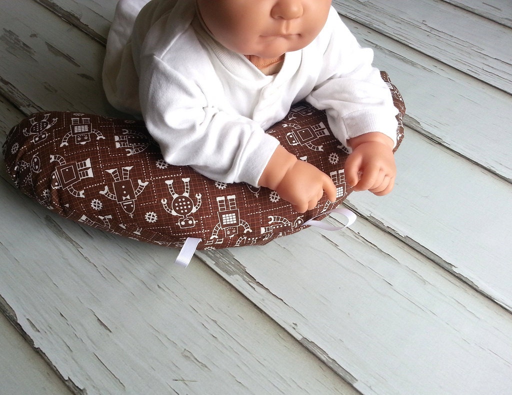 Organic Luna Tummy Time Pillow, Robot Schematics in Brown