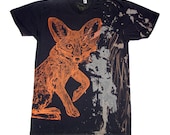Red Fox with tail on the back bleached tshirt - one of a kind, by NYillustration - unisex adults size Medium