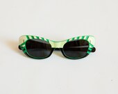 Vintage Textured Stripe Color Block Cat Eye Sunglasses Spring Green Black and Yellow Made in France
