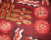 Amazing 1950s Vintage TIKI FABRIC - Screen Printed - Red Tribal Print with Metallic Gold- Crisp COTTON