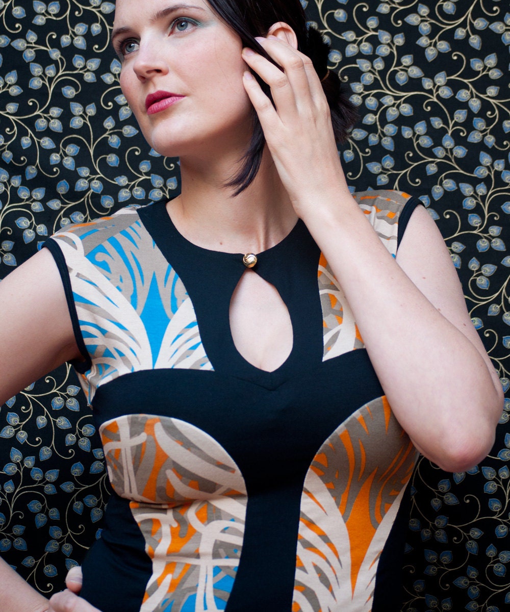 Women's Tank Top, Keyhole High Neck, Gold, Aqua and Black, Printed Jersey Knit, Sleeveless, Made in Australia.
