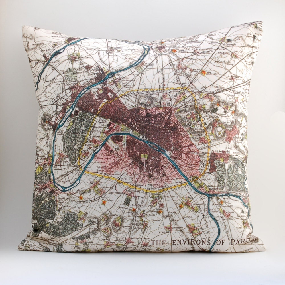 vintage PARIS & Environs map pillow DIY KIT, made to order, 16x16 envelope style