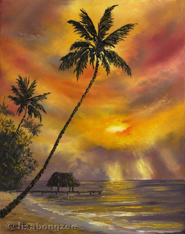 Dreamsicle Sunset In Paradise 20x16 Original Palette Knife Oil Painting Hawaii Tahiti Palm Tree Tiki Hut Ocean Tropical LISABONGZEE