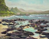 BABY MAKAPU'U HAWAII Original Oil Painting 11x14 Tidepools Beach Oahu Ocean Olomana Makai Pier Koolau