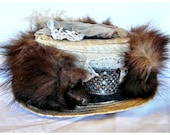 London Fog Victorian Style Straw Boater Hat with vintage mink fur.