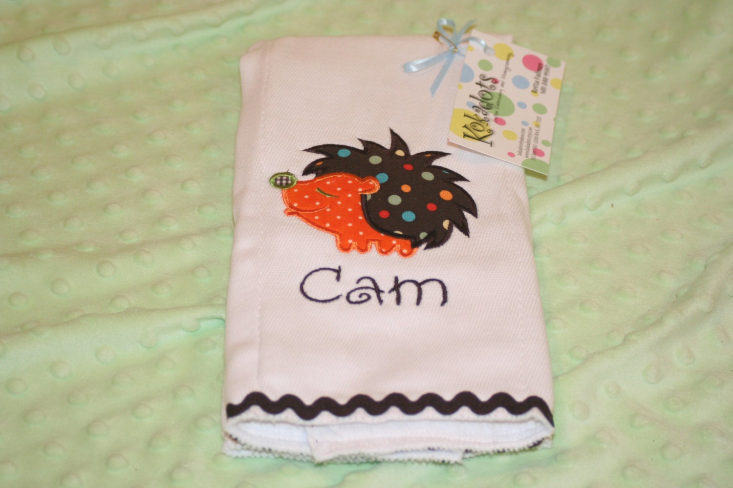 Hedgehog Applique Burp Cloth in Orange and Brown for Boy