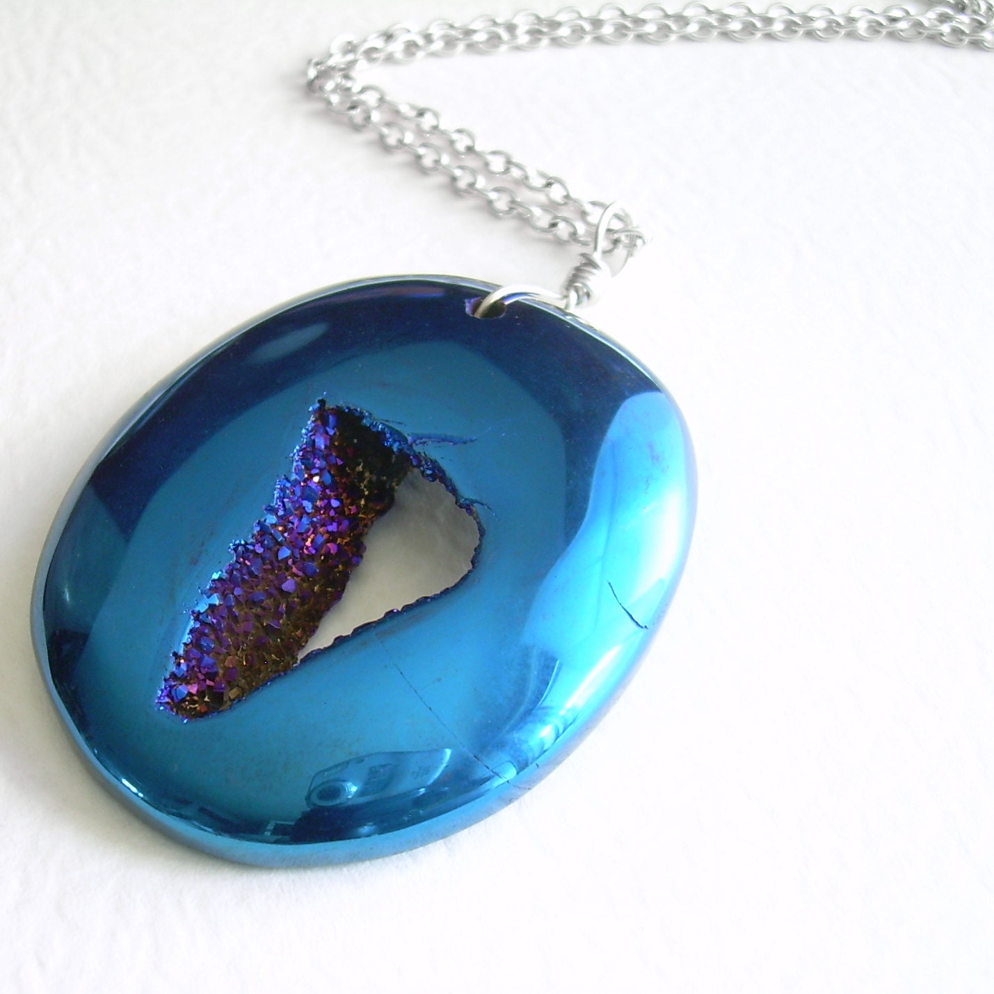 Metallic Blue Drusy Pendant, Druzy Geode Necklace, Titanium Jewelry