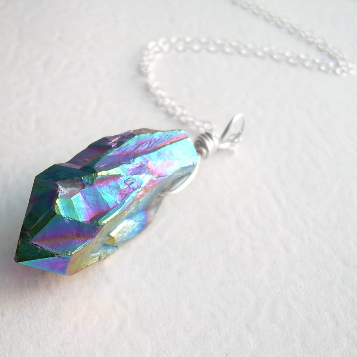 Rainbow Aura Crystal Pendant, Titanium Quartz Necklace, Metallic Crystal Point