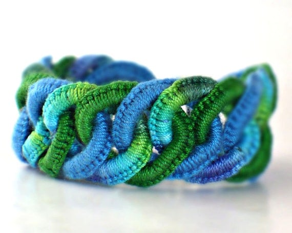 Crochet Bracelet Fiber Bracelet Faux Chainmail Irish Lace Fine Thread Bracelet Royal Blue Green Sea Colors