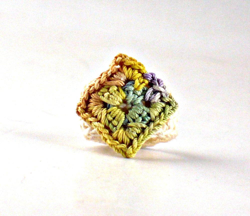 Crochet Ring Fiber Ring  Miniature Granny Square Sage Yellow Purple Copper Ecru Band