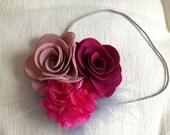Grey Skinny Baby Headband with Pink flowers and Grey Feathers