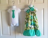 Brother Sister Matching Outfits - Girls Ruffled Halter Dress Boys Tie Onesie or Tie Tshirt - Twilight Peony Azure - Soul Blossoms collection