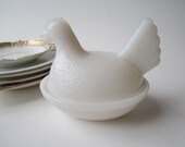 Vintage Milk Glass Hen Covered Dish - Cottage Chic