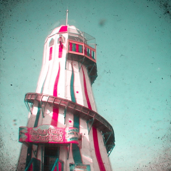 Helter Skelter - Carnival photography, fairground ride, helter skelter, retro wall art, whimsical photo, hot pink, blue 8x8 Print