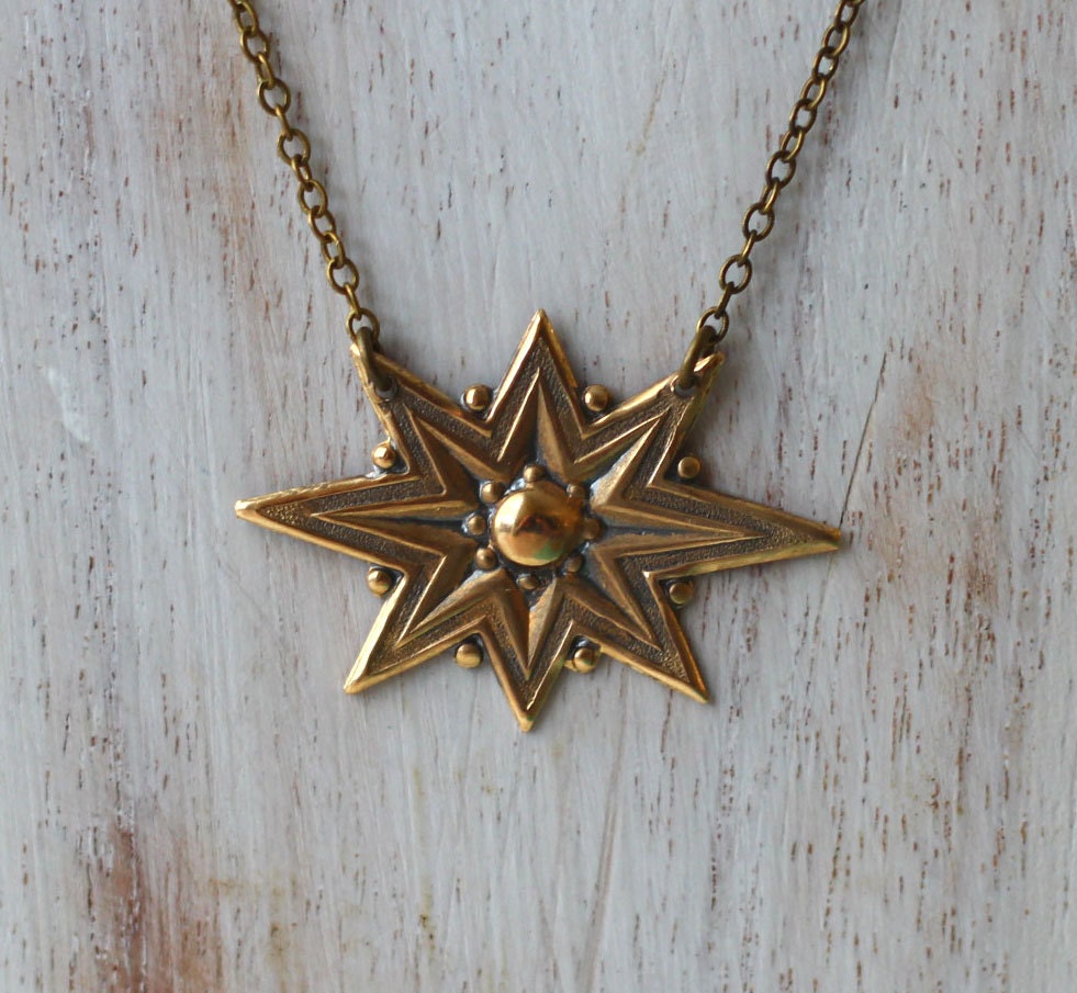 Star Medallion Necklace - Regal Starburst Emblem Pendant - Gold Brass - Celestial, Royal - Gift Box