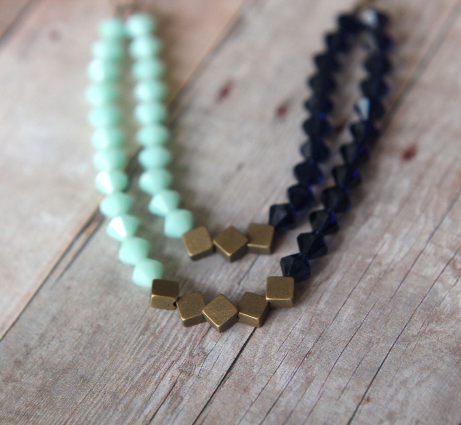 Mint Indigo Blue Necklace - Swarovski Crystal Statement Piece - Double Strand - Antiqued Brass - Wedding - Gift Box - MySelvagedLife