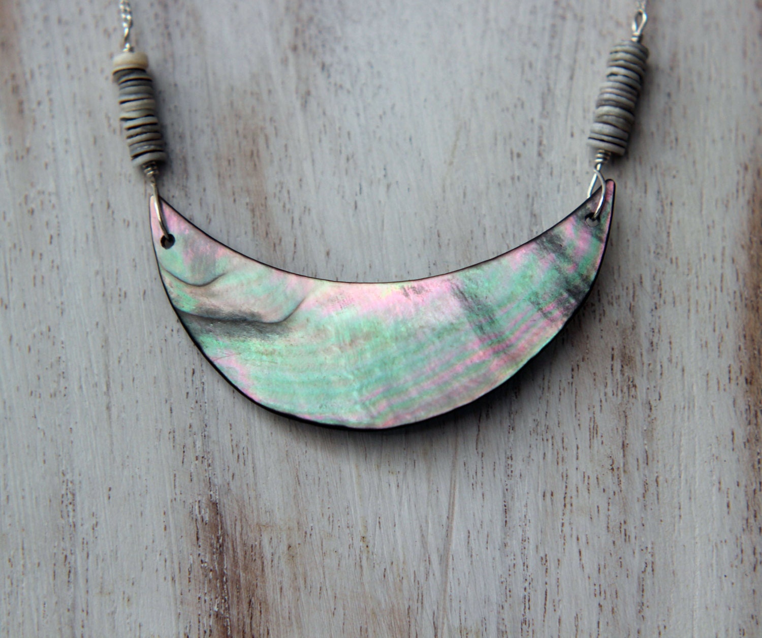 Shell Crescent Necklace - Iridescent Black Lip Shell - Shell Heishi - Bohemian - Silver Chain - Beach, Sea, Ocean, Seashell - Gift Box