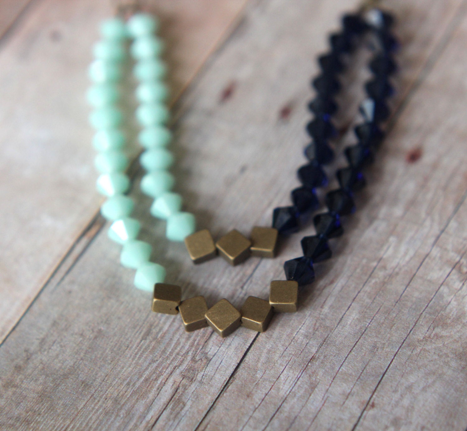 Mint Indigo Blue Necklace - Swarovski Crystal Statement Piece - Double Strand - Antiqued Brass - Wedding - Gift Box