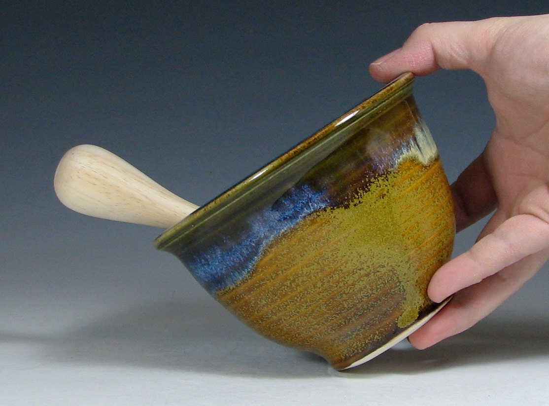 Mortar and pestle ceramic set, stoneware kitchen prep, spice grinder, glazed in brown blue, handmade by hughes pottery