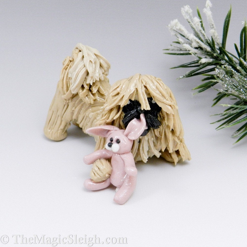 Pekingese Dog Ornament Toy Rabbit Porcelain