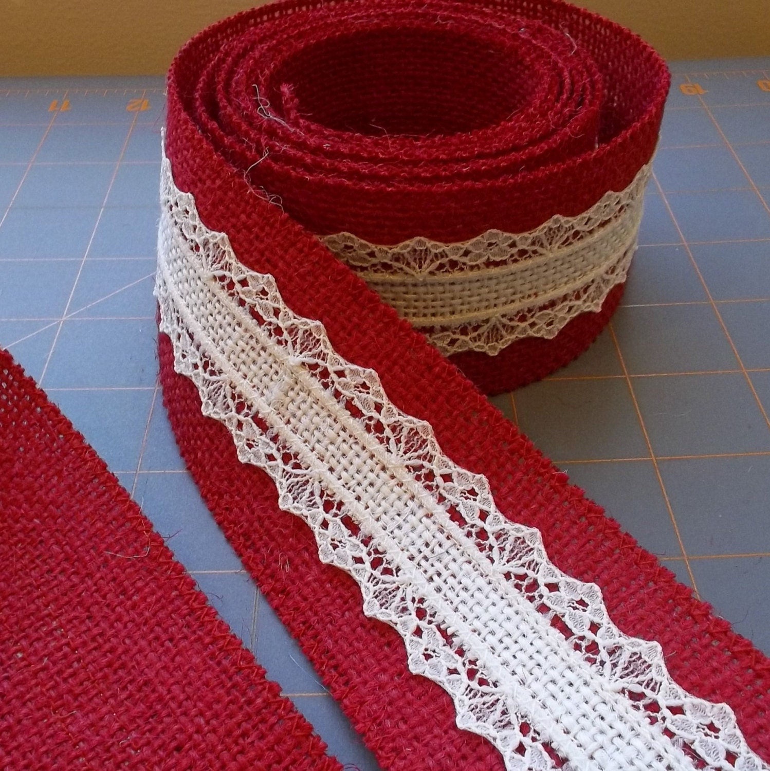 2 inch x 3 yards - Red Burlap and Ivory Lace Ribbon