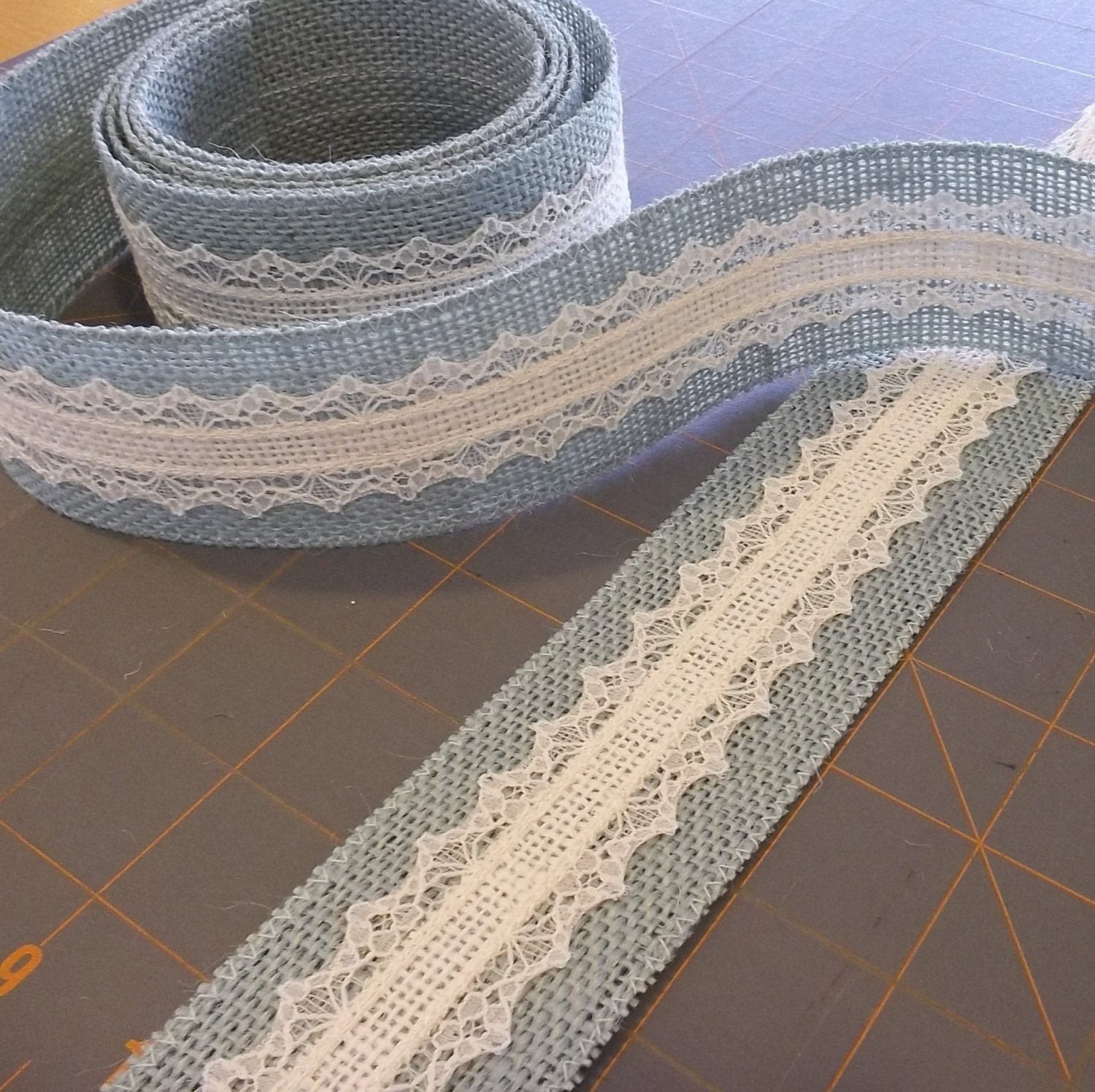 Aqua Burlap and Ivory Lace Ribbon - 2 inch x 3 yards