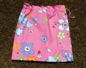 Library bag, large cotton drawstring bag for toys, school, pink flowers & clouds
